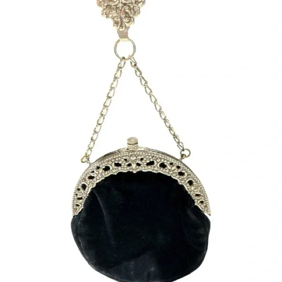 Vintage Victorian Style Silver Tone Mounted Black Velvet Bag with Belt Clip - Picture 4 of 14